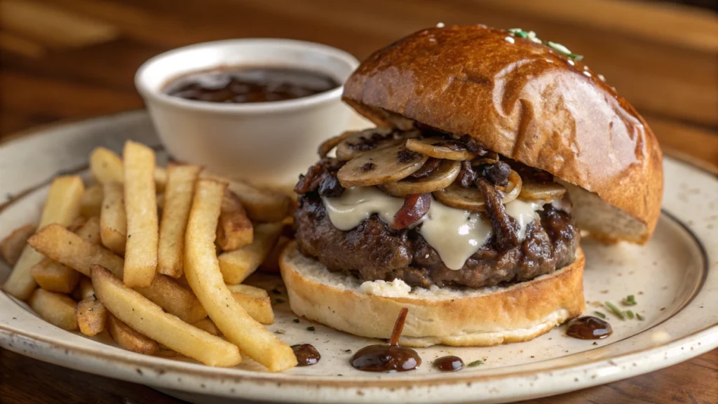 Gourmet French Dip Burger with Mushrooms served with au jus sauce.