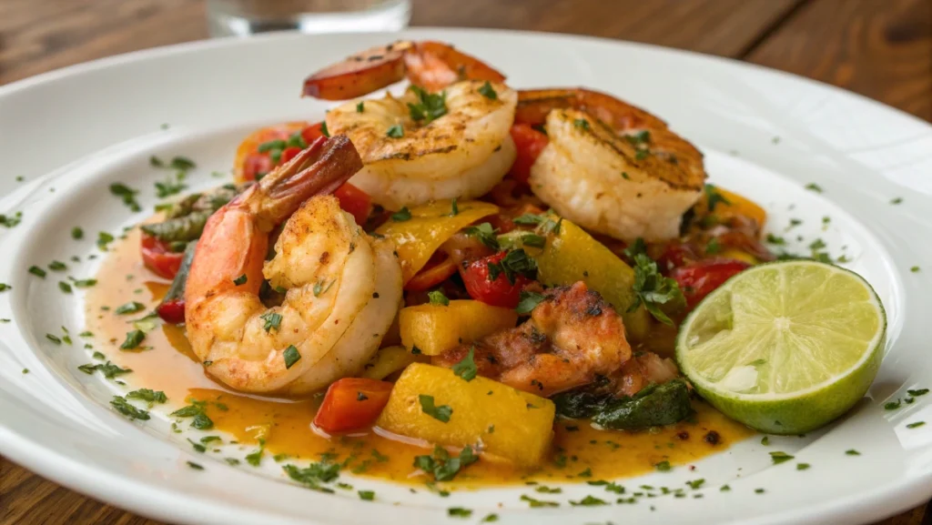 Pan-seared shrimp served with colorful sautéed vegetables, garnished with fresh herbs and a lime wedge.