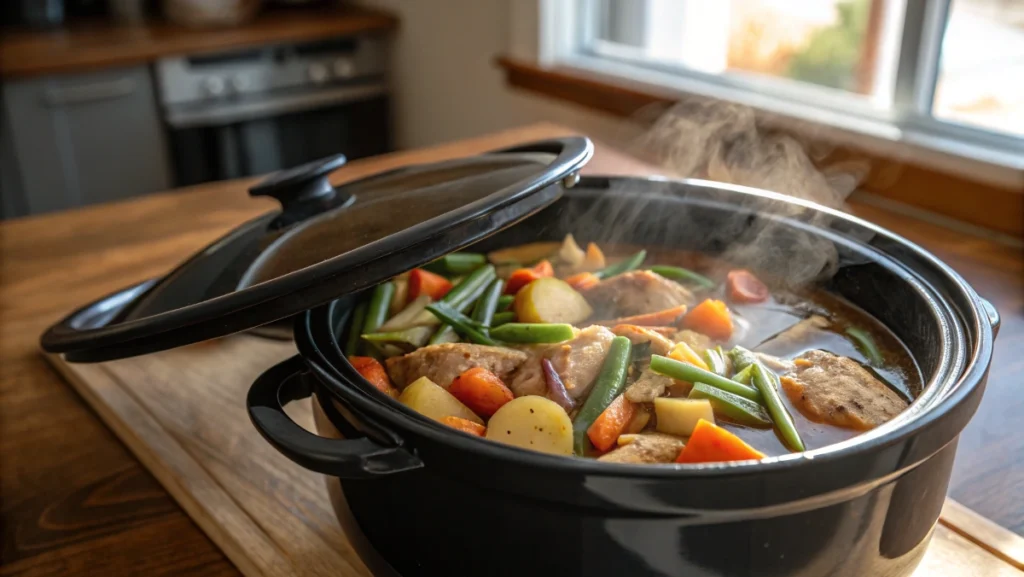 Steaming one-pot chicken stew with green beans, carrots, and potatoes, cooked in a black can cooker.