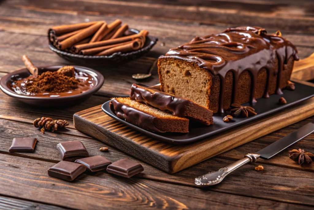 Close-up of Gordon Ramsay's decadent chocolate cream cheese pound cake topped with glossy chocolate ganache on a wooden board.