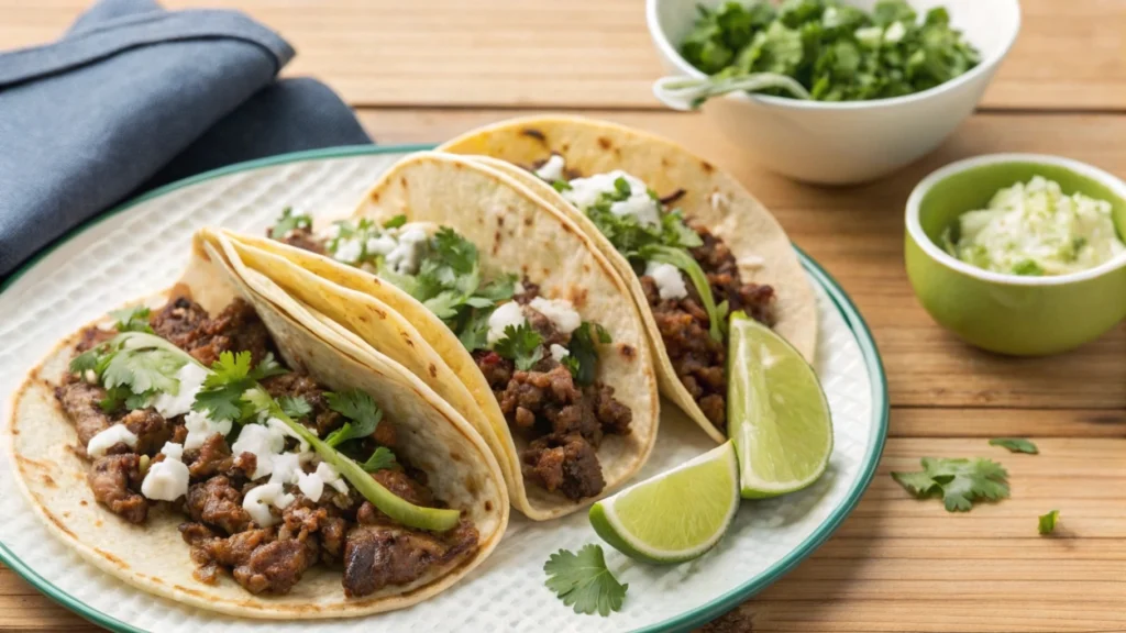 Close-up of Tacos de Lengua Recipe served with fresh cilantro, diced onions, and salsa verde on corn tortillas.