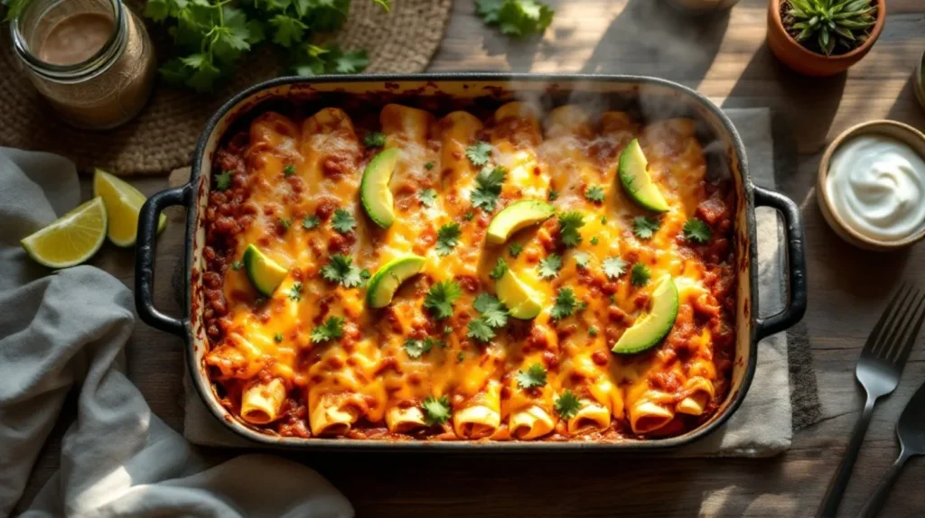 Freshly baked Boulders Enchilada Recipe with melted cheese, cilantro, and red sauce, served with guacamole and tortilla chips.