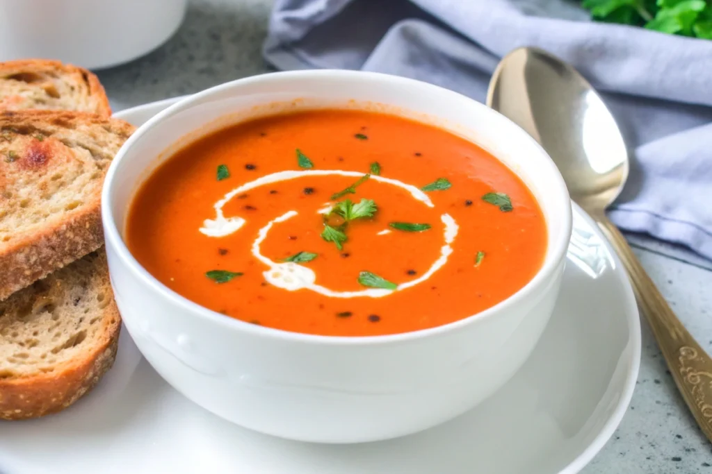 Warm and creamy roasted red pepper Gouda soup garnished with fresh basil and served with a crusty baguette.