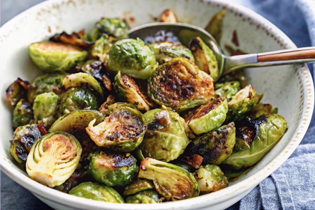 A skillet filled with crispy, golden-brown roasted Brussels sprouts drizzled with balsamic glaze, served on a rustic wooden table.
