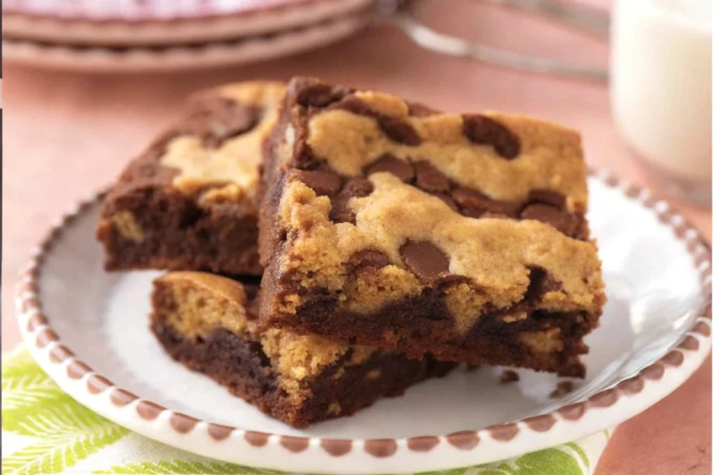 A stack of brookies showing layers of fudgy brownies and chewy cookies, dusted with powdered sugar.
