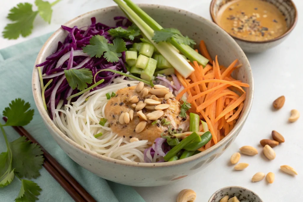 A colorful bowl of Spring Roll in a Bowl with rice noodles, fresh vegetables, and peanut sauce, served with chopsticks and lime wedges.