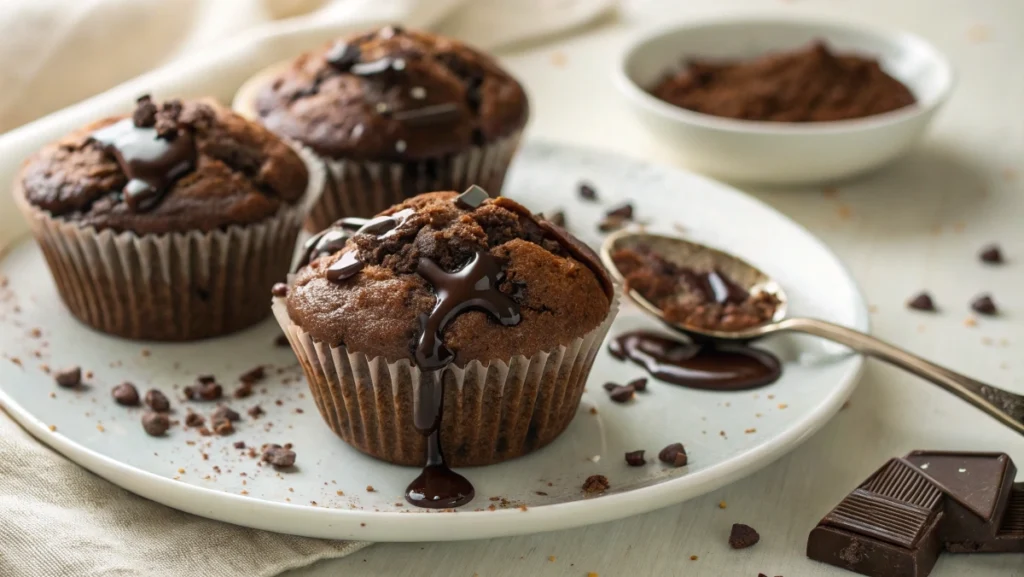 Decadent chocolate muffins drizzled with rich chocolate sauce on a white plate, surrounded by chocolate chips and cocoa powder.