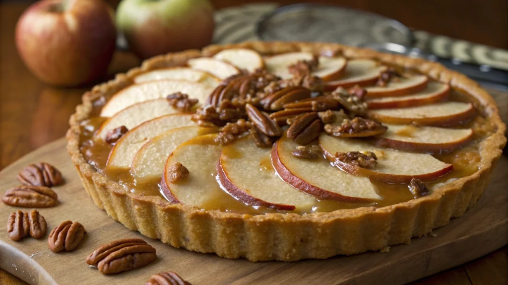 A golden apple and pecan Danish pastry tart drizzled with caramel sauce, placed on a rustic wooden board.