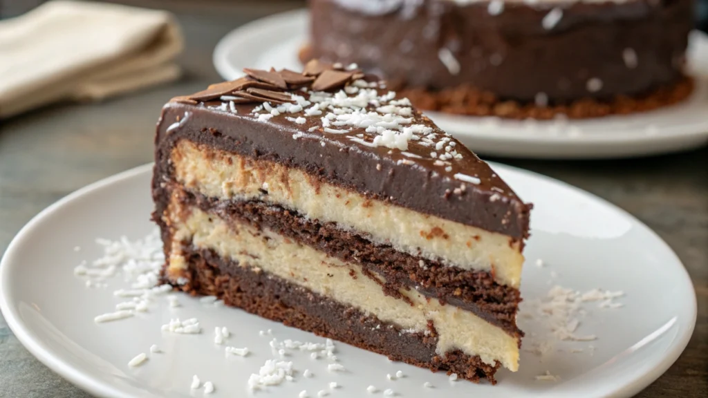 A rich Mounds poke cake topped with glossy chocolate frosting and shredded coconut.
