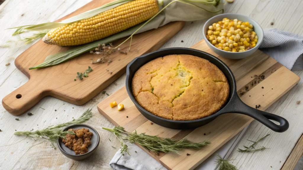 Freshly baked Southern cornbread with crispy edges and golden crust in a cast-iron skillet.