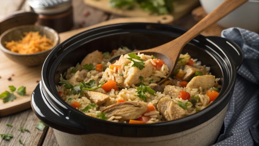 One-pot chicken and vegetable rice cooked in a rice cooker, garnished with herbs.