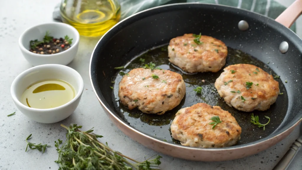 Juicy ground chicken patties in a pan with a bowl of fresh herb marinade nearby.
