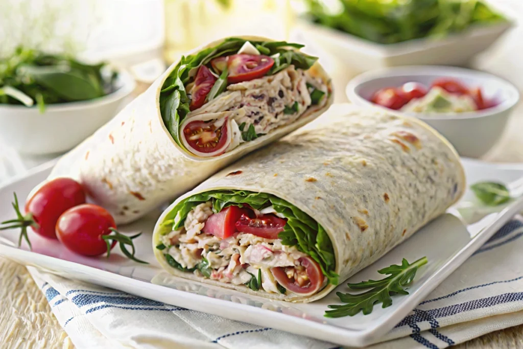 Sliced tuna wrap showcasing fresh tuna, vibrant greens, and creamy dressing on a white plate.