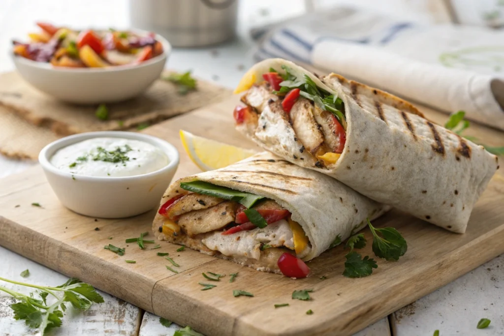 Freshly grilled chicken wrap with vibrant vegetables and creamy ranch dressing on a rustic wooden board.
