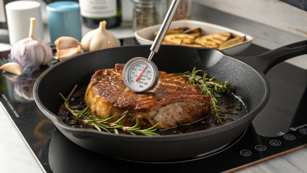 Ribeye steak cooking in a cast-iron skillet with thyme and garlic, thermometer showing 135°F.