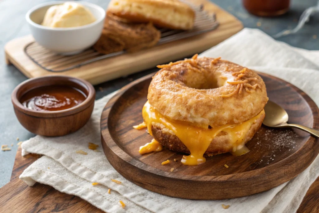 Close-up view of a grilled cheese donut with melted cheddar, golden crust, and a light butter glaze served on a rustic wooden plate.