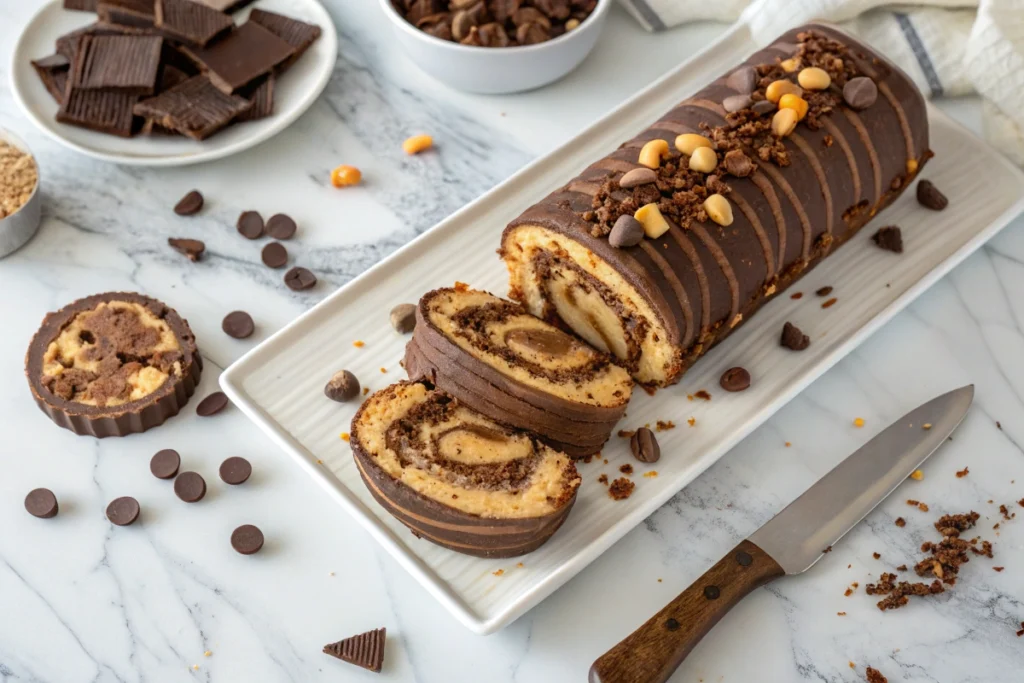 Decadent Reese's Peanut Butter Cup Roll Cake topped with ganache and Reese's pieces on a white platter.