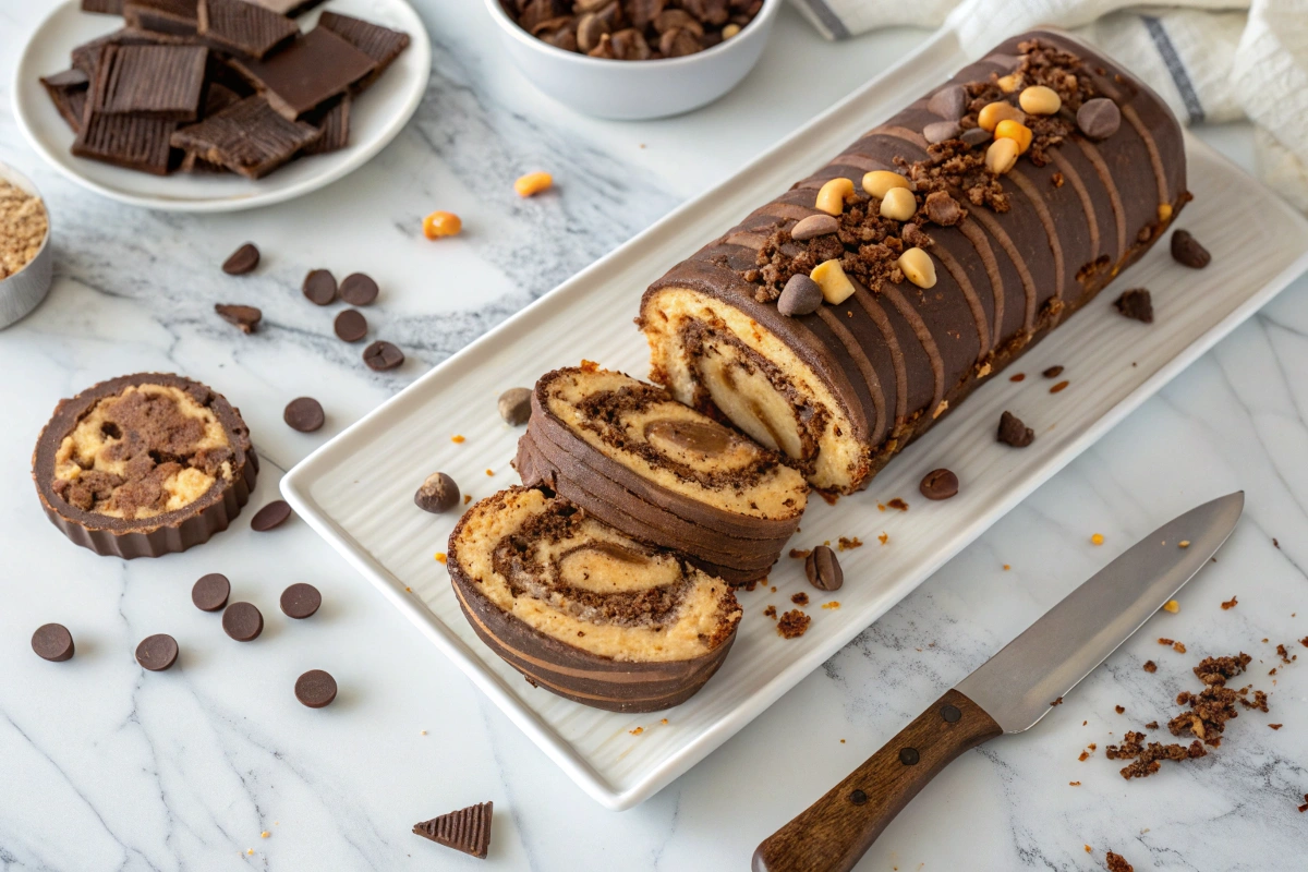 Decadent Reese's Peanut Butter Cup Roll Cake topped with ganache and Reese's pieces on a white platter.