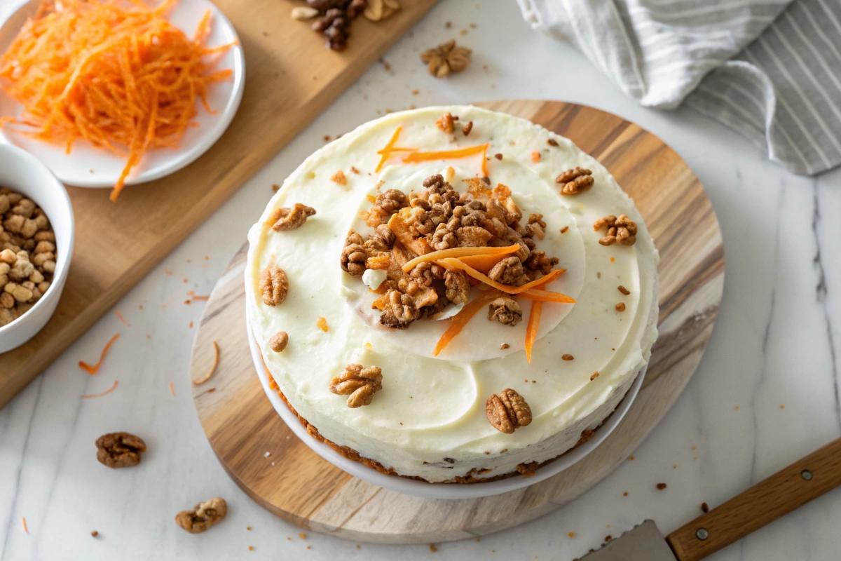 Gluten-free carrot cake with cream cheese frosting garnished with toasted walnuts and shredded carrots, styled on a marble counter.