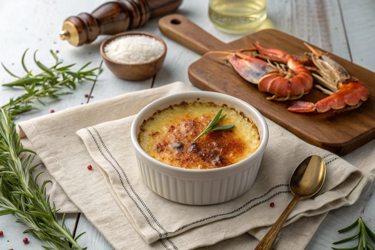 Golden caramelized crab brûlée with a crisp sugar crust served in a ramekin.