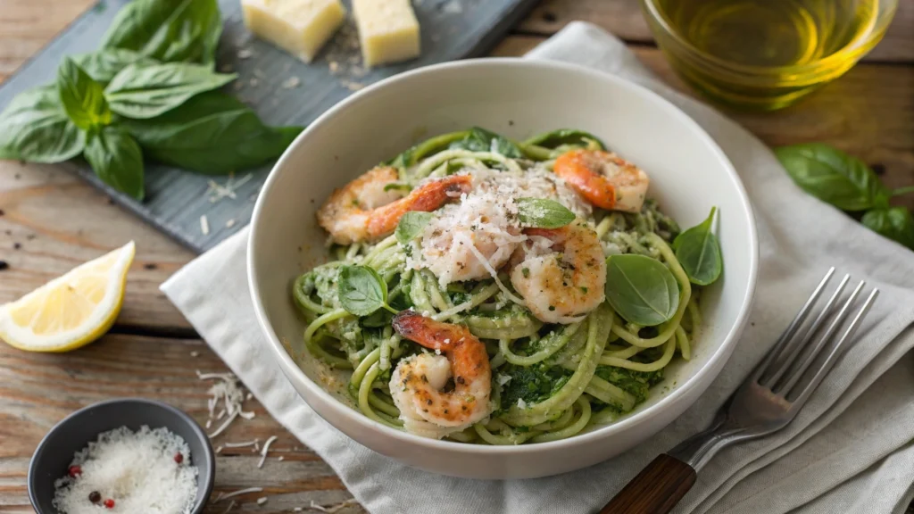 A vibrant bowl of pesto langostino zucchini pasta garnished with Parmesan and fresh basil on a rustic table.