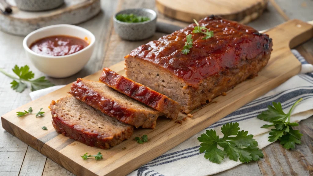 Southern-style meatloaf with a tangy tomato glaze sliced to show its juicy interior.