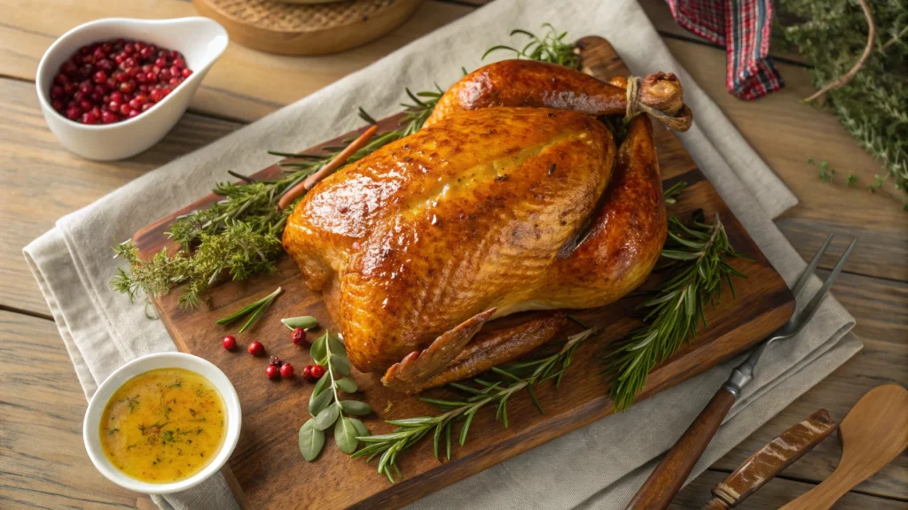 Perfectly roasted Creole butter turkey breast with golden glaze on a rustic board surrounded by fresh herbs.