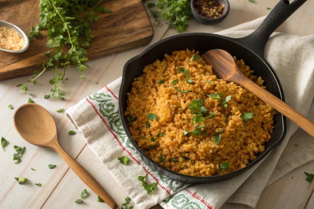 A close-up view of crispy rice in a cast-iron skillet, golden and topped with fresh herbs, ready to be served.