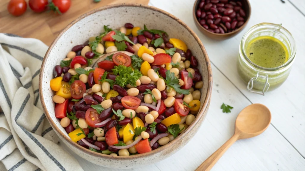 Close-up of a colorful dense bean salad with vibrant vegetables and fresh herbs in a rustic bowl, ready to serve.