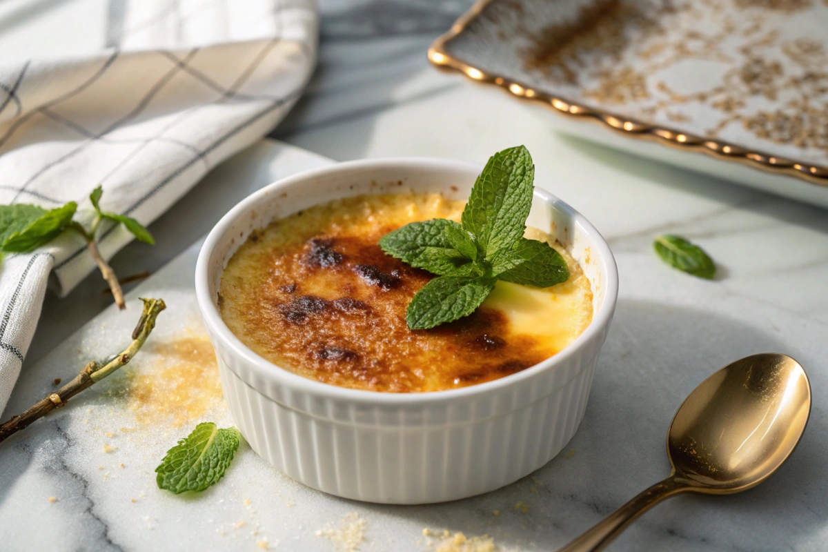 Close-up of a cracked crème brûlée with creamy custard and caramelized sugar crust in an elegant white ramekin.