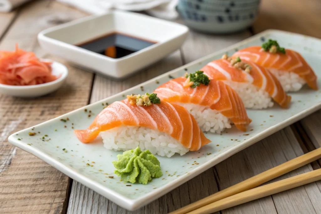 Fresh salmon nigiri sushi garnished with wasabi and ginger.