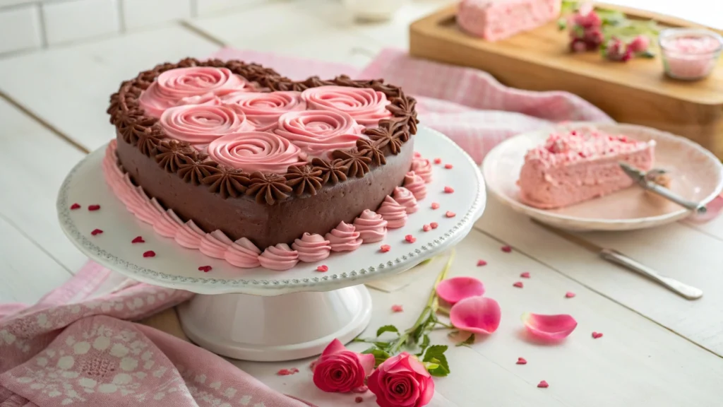 A heart-shaped chocolate cake with intricate pink frosting, placed on a white porcelain stand with rose petals scattered around.
