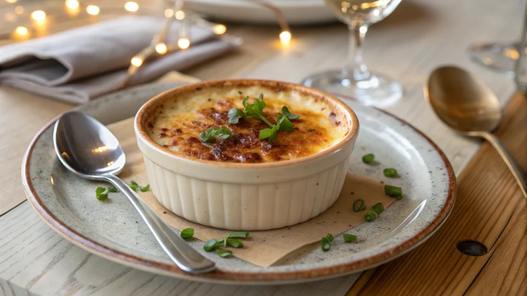 A ramekin of Crab Brûlée with caramelized crust, garnished with fresh chives.