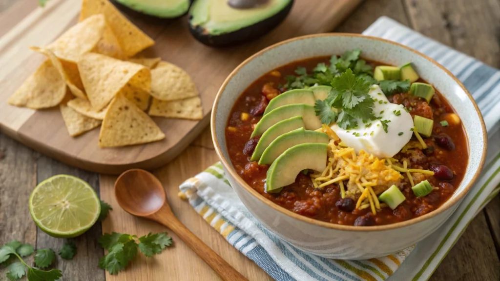 Bowl of taco soup topped with shredded cheese, sour cream, avocado, and cilantro, served with Frios chips.