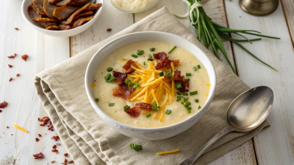Close-up of a steaming bowl of creamy Benignis Potato Soup garnished with crispy bacon, cheddar, and chives.