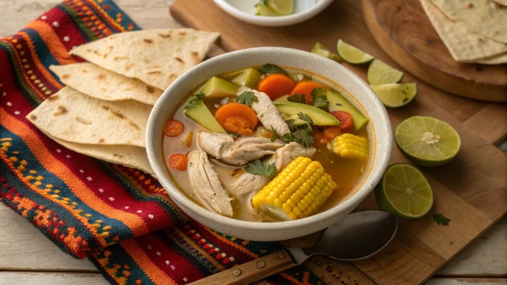A bowl of hearty Caldo de Pollo with chicken, vegetables, and lime, served alongside tortillas.