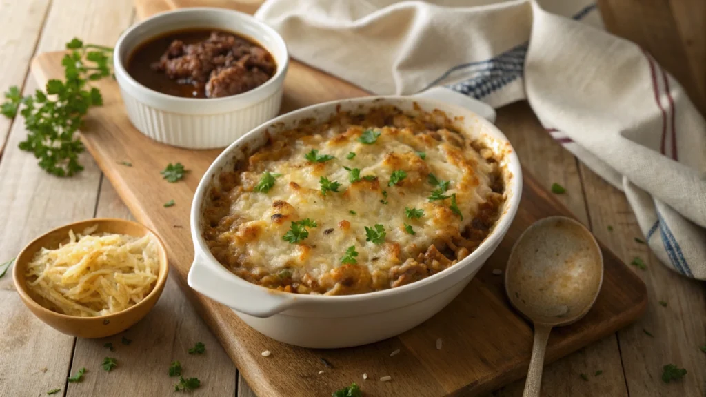 Golden French onion soup rice topped with melted Gruyère cheese and fresh parsley in a casserole dish.