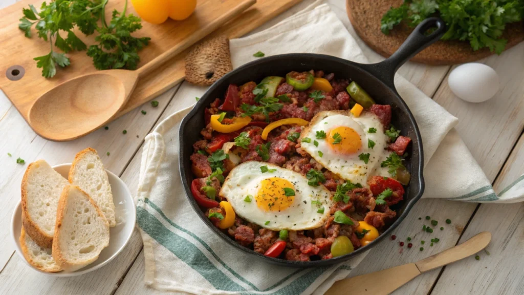Overhead view of a corned beef breakfast skillet with vegetables and eggs on a wooden kitchen table.