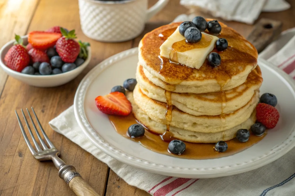 A stack of fluffy golden-brown Bisquick pancakes topped with melting butter and drizzled with maple syrup, garnished with fresh berries.