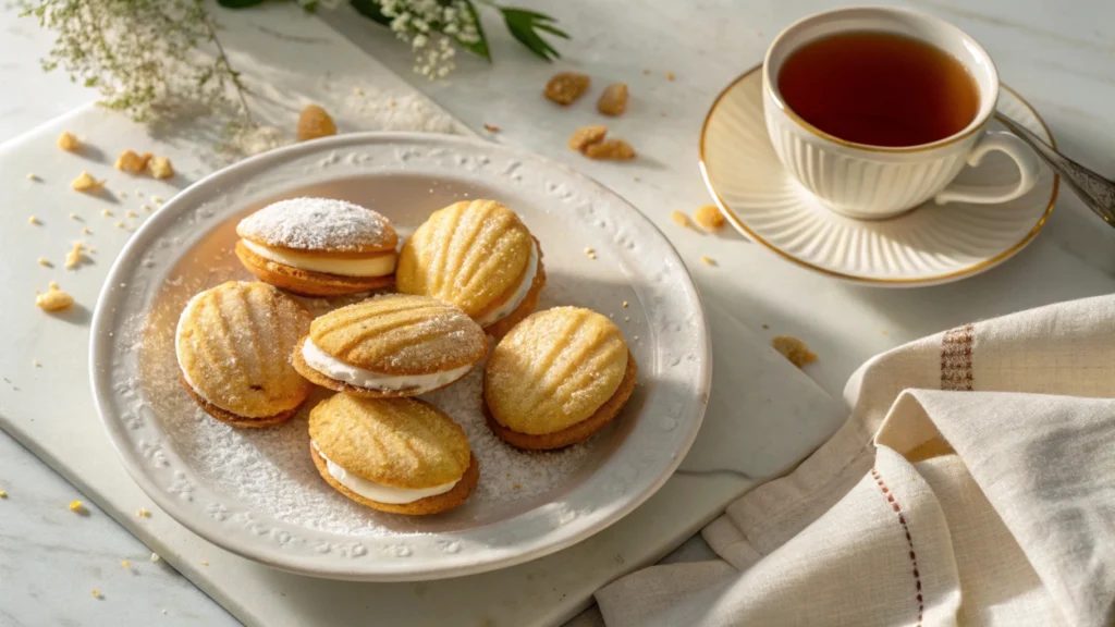 Golden Madeline cookies with cream filling dusted with powdered sugar on a white platter.