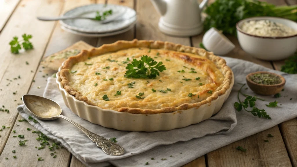 Passover Potato Pie with a golden crust served on a traditional holiday table.