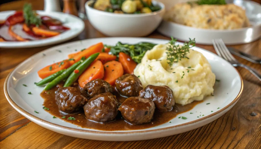 Hearty Swiss steak served in a cast iron skillet with fresh ingredients.