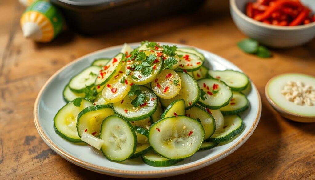 Close-up of Din Tai Fung-inspired cucumber salad garnished with sesame seeds and chili flakes.