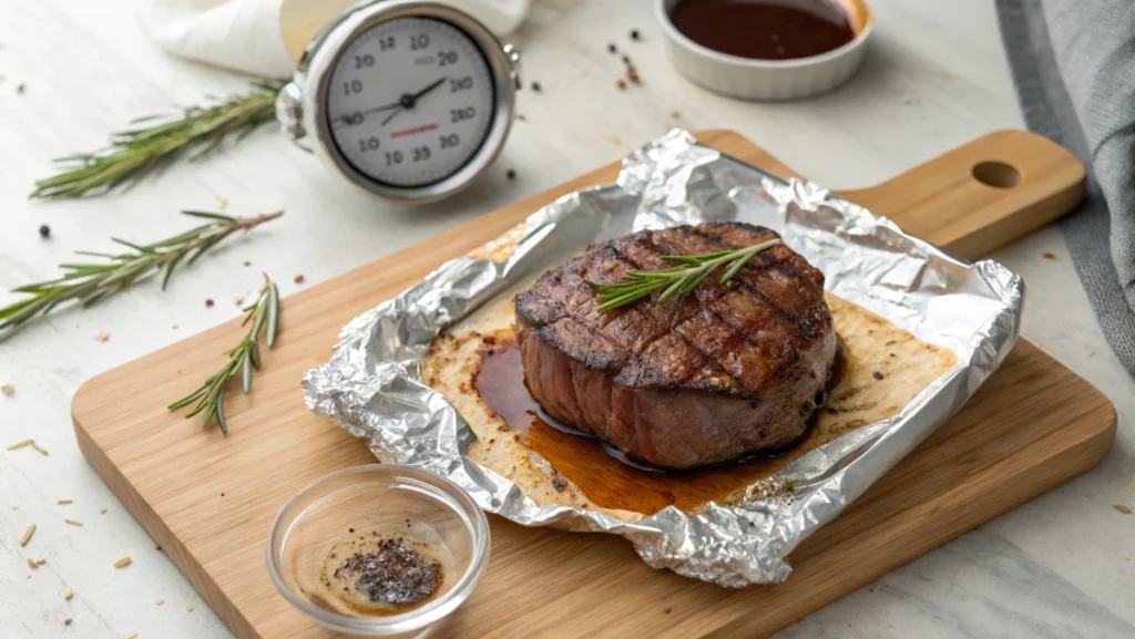 Cooked filet mignon resting under foil on a wooden board with rosemary and steak juices visible.