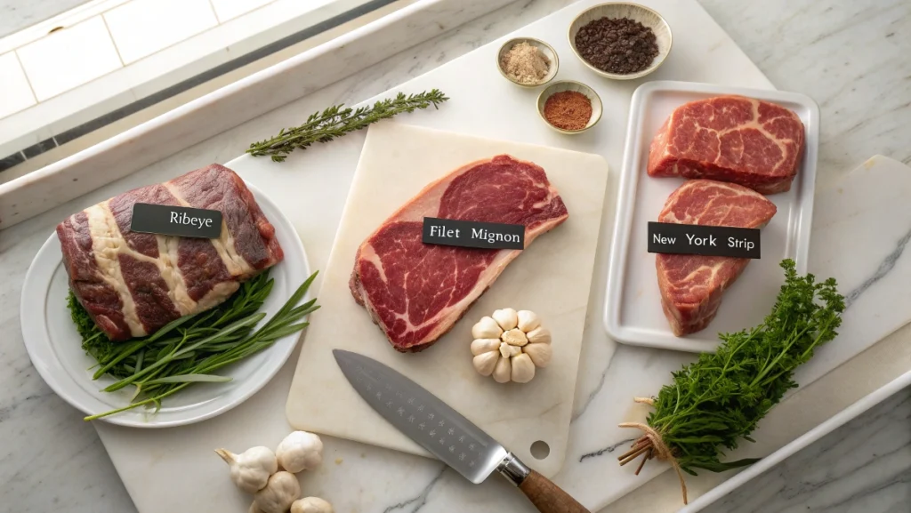 Display of ribeye, filet mignon, and New York strip steak cuts, labeled with tenderness levels.