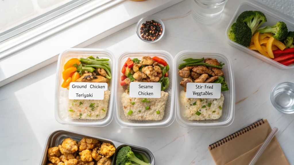 Meal prep containers with ground chicken teriyaki, sesame chicken, and vegetables, labeled and ready for storage.