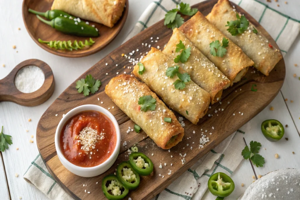 Platter of crispy jalapeño goat cheese egg rolls with sriracha mayo dipping sauce.