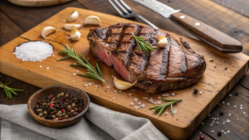 Perfectly seared medium-rare ribeye steak garnished with rosemary and garlic on a wooden board.