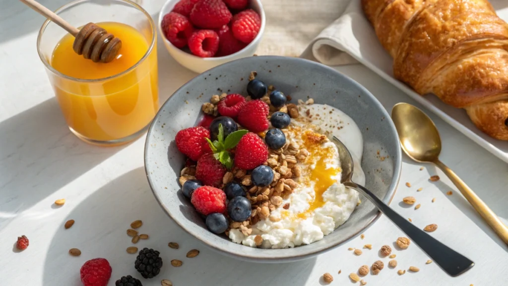 Bowl of cottage cheese topped with fresh berries, honey, and granola, with orange juice and a croissant on the side.