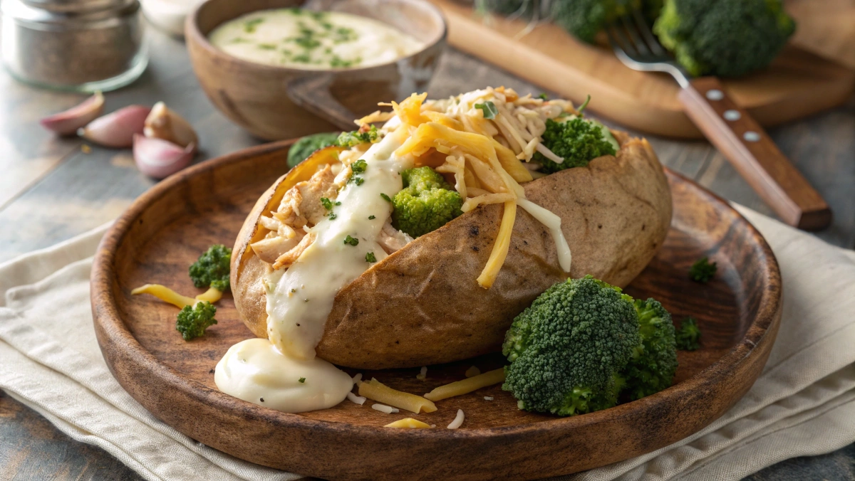 A crispy baked potato loaded with chicken, broccoli, and melted cheddar cheese, topped with garlic butter sauce.